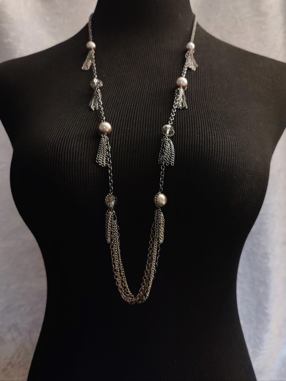 LOFT Gunmetal Chain Tassel Necklace 34" Faux Pearl Faceted Glass Bead Long